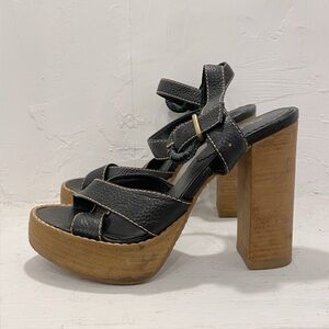 Vintage Black Leather Chunky High Heel Platform Sandals Made in Brazil